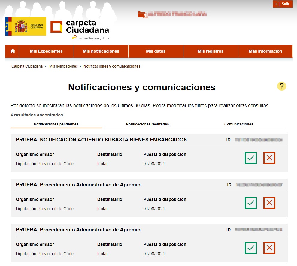Se muestra como ejemplo de la Carpeta Ciudadana una lista de las notificaciones pendientes de apertura recibidas, emitidas tanto por la Diputación Provincial de Cádiz como por otras administraciones públicas que estén integradas con la carpeta ciudadana.