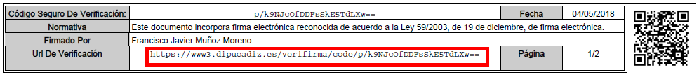 Ubicación de la URL de verificación en la parte inferior del documento